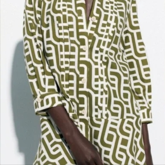 Zara linen blend geometric print collared Mini Dress Size Small - Picture 5 of 5